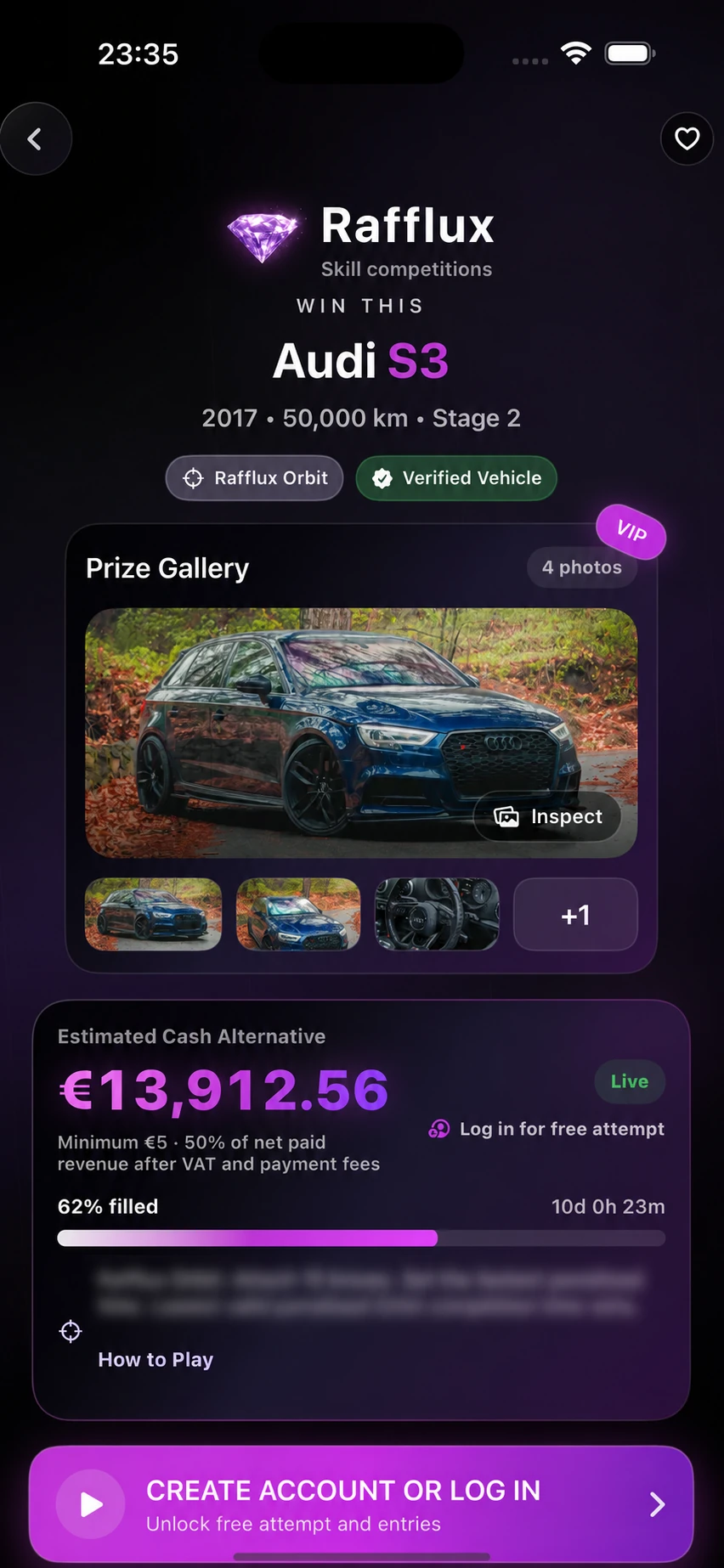 Fictional Rafflux app concept screen showing a luxury-item competition detail preview with gameplay details blurred