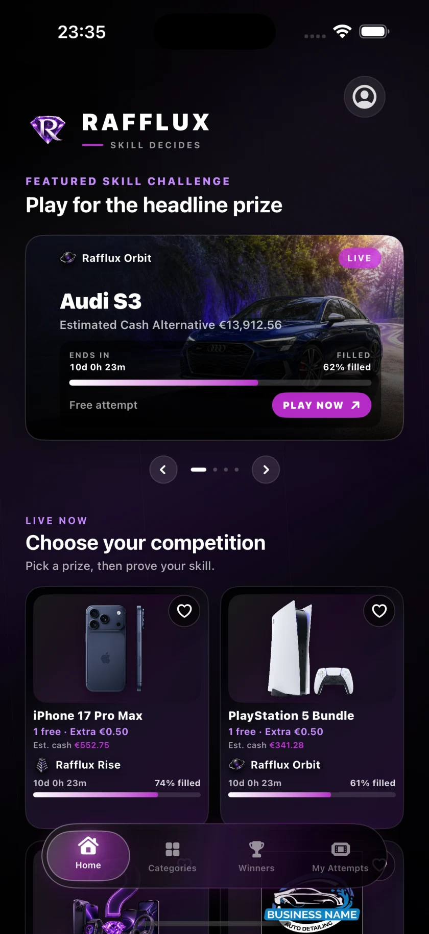 Fictional Rafflux app concept screen showing a luxury-item skill competition preview